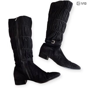 PRADA Black Suede Sock Boots Ruched Shaft With Buckle Knee High Size 37.5 us 7.5